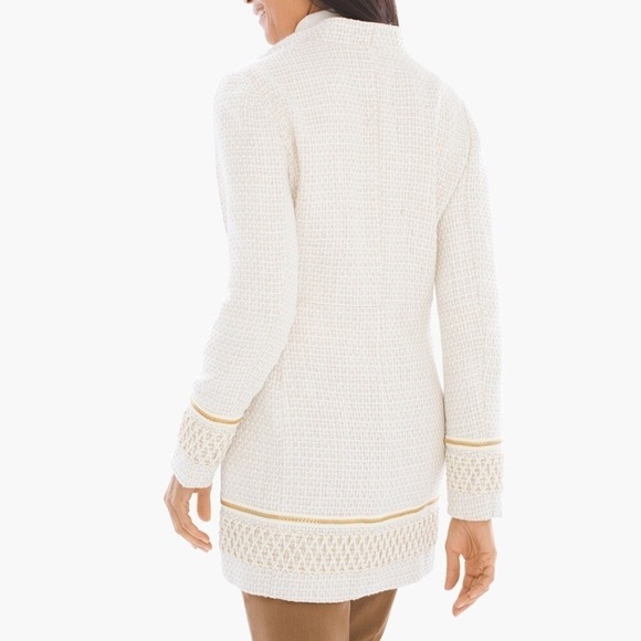 Chico’s Ivory Gold Metallic Embellished Trim Textured Open Jacket - Picture 3 of 14